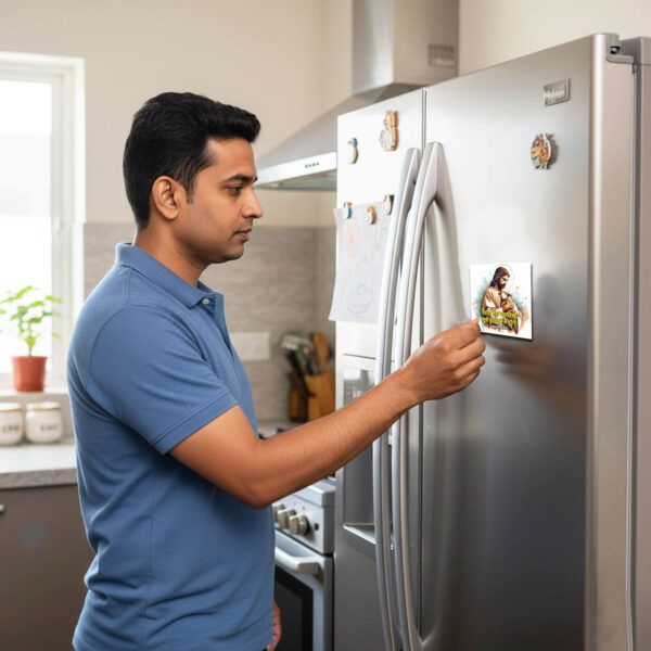 A man in a blue polo shirt is placing a religious magnet featuring an image of Jesus on a stainless steel refrigerator in a modern kitchen. The kitchen has a window with a plant, a stove, and various kitchen items on the counter.