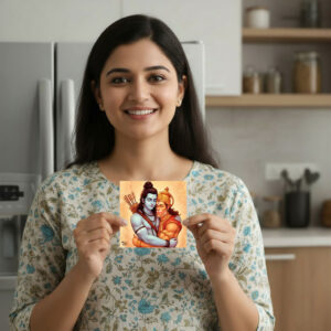 Smiling woman in a floral kurta holding a small artwork of Lord Rama embracing Lord Hanuman, symbolizing devotion and love, while standing in a modern kitchen.