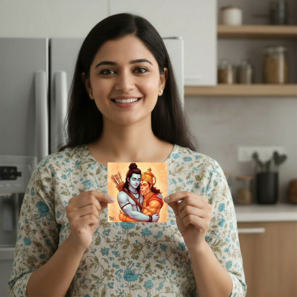 Smiling woman in a floral kurta holding a small artwork of Lord Rama embracing Lord Hanuman, symbolizing devotion and love, while standing in a modern kitchen.