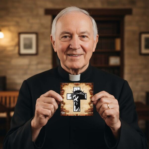 A church father wearing a black clerical outfit with a white collar holds a square card featuring a stylized image of a cross and a crown of thorns against a brick background.