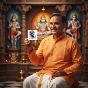 A man in an orange kurta and white dhoti with an orange shawl sits in a temple, holding a card featuring an artistic depiction of Lord Ganesha. Behind him, a statue of Lord Hanuman is flanked by two other Hanuman statues, with lit oil lamps and decorative elements enhancing the spiritual setting.