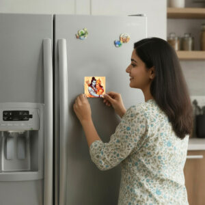 Woman in a floral kurta placing a devotional artwork magnet of Lord Rama and Lord Hanuman hugging on a silver refrigerator in a modern kitchen.