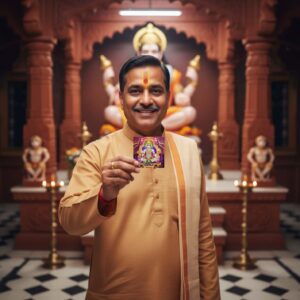 The image depicts a man dressed in a traditional golden kurta and an orange shawl, standing in a temple. He is holding a colorful card featuring an image of Lord Hanuman. Behind him, a statue of Lord Hanuman is prominently displayed within an ornate shrine, surrounded by smaller statues and lit oil lamps, creating a serene and devotional atmosphere.