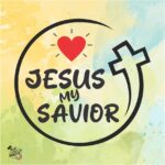 Christian artwork with a red heart and cross symbol, featuring the words ‘Jesus My Savior’ in bold lettering on a watercolor background. Small logo ‘Pick Your Magnet’ at the corner.