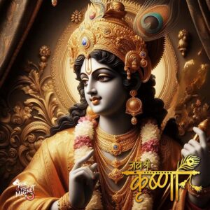 A decorative magnet featuring a golden statue of Lord Krishna with a peacock feather crown, holding a flute, adorned with intricate jewelry and garlands, with the text "Jai Shri Krishna" in Hindi.