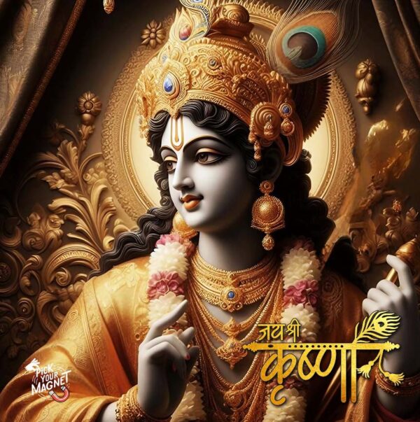 A decorative magnet featuring a golden statue of Lord Krishna with a peacock feather crown, holding a flute, adorned with intricate jewelry and garlands, with the text "Jai Shri Krishna" in Hindi.