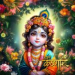 A decorative magnet featuring a vibrant image of Lord Krishna as a child, adorned with a peacock feather crown, floral jewelry, and garlands, set against a backdrop of colorful flowers and greenery, with the text "Jai Shri Krishna" in Hindi.