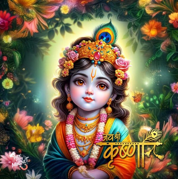 krishna fridge magnet A decorative magnet featuring a vibrant image of Lord Krishna as a child, adorned with a peacock feather crown, floral jewelry, and garlands, set against a backdrop of colorful flowers and greenery, with the text "Jai Shri Krishna" in Hindi.