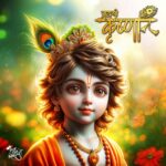 A decorative magnet featuring a vibrant image of a young Lord Krishna with a peacock feather crown, adorned with gold jewelry and an orange garment, set against a colorful floral background, with the text "Jai Shri Krishna" in Hindi.