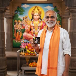 A man wearing a white outfit with an orange shawl is holding a small magnetic card featuring an image of Lord Hanuman, standing in front of a temple mural depicting the deity.