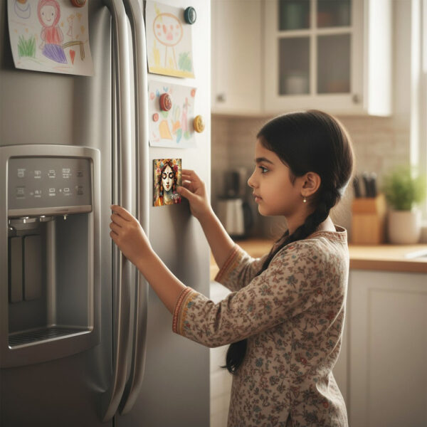 Young girl in a floral kurta placing a Lord Krishna devotional fridge magnet on a silver refrigerator decorated with colorful children's drawings in a modern kitchen.