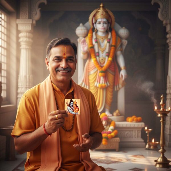 A man in an orange kurta and shawl holds a card of Lord Rama and Hanuman in a temple, with a garlanded Hanuman statue and lit lamps in the background.