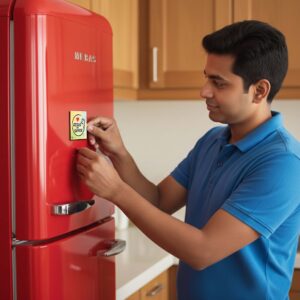 Indian man standing in his kitchen, placing a “Jesus My Savior” fridge magnet on the red refrigerator door.