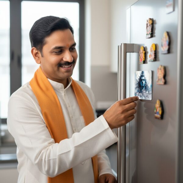 Indian man dressed in traditional attire with a saffron stole, standing in front of a refrigerator. He is smiling while placing a fridge magnet featuring Lord Shiva on the refrigerator door. Several other colorful magnets with Hindu deities are also visible on the fridge.