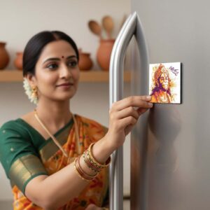 A woman in a traditional saree with bangles and flowers in her hair places a Hanuman magnet on a silver refrigerator in a kitchen setting.