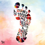 Colorful footprint typography artwork with the motivational quote “A Journey of 1000 Miles Begins with a Single Step” on a soft pastel watercolor background.