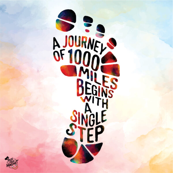Colorful footprint typography artwork with the motivational quote “A Journey of 1000 Miles Begins with a Single Step” on a soft pastel watercolor background.